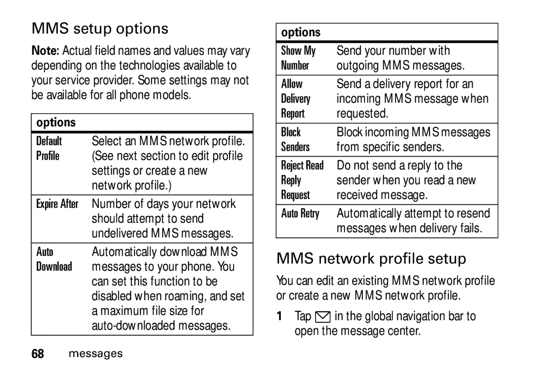 Motorola 6887460Z69 manual MMS setup options, MMS network profile setup 