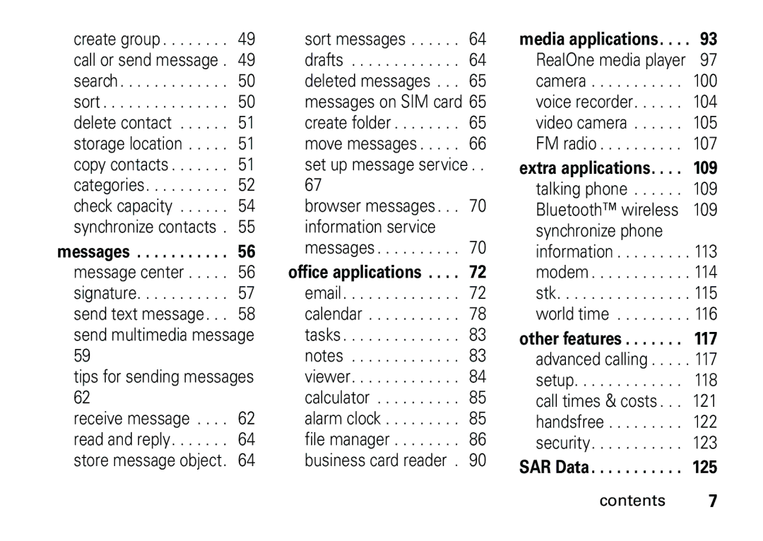 Motorola 6887460Z69 manual Messages, Office applications, Media applications, Extra applications, Other features, SAR Data 