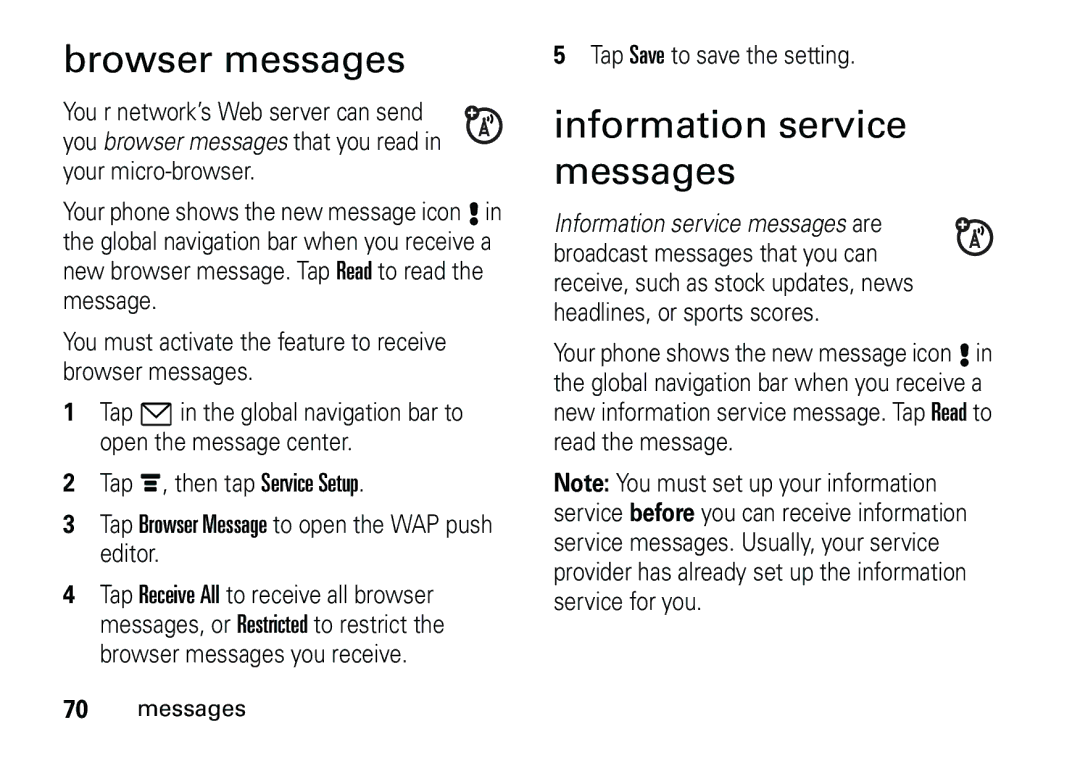 Motorola 6887460Z69 manual Browser messages, Information service messages 