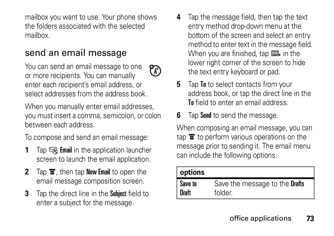 Motorola 6887460Z69 manual Send an email message, Options 