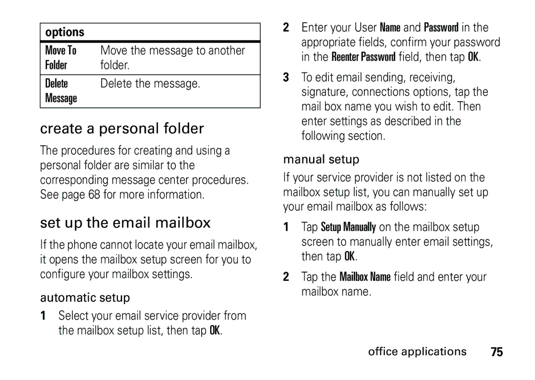 Motorola 6887460Z69 manual Create a personal folder, Set up the email mailbox, Automatic setup, Manual setup 