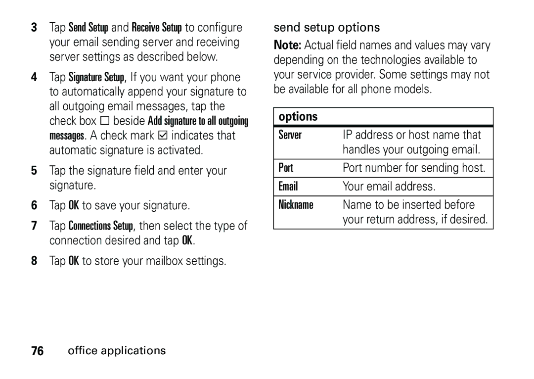 Motorola 6887460Z69 manual Server, Port, Nickname, Send setup options 