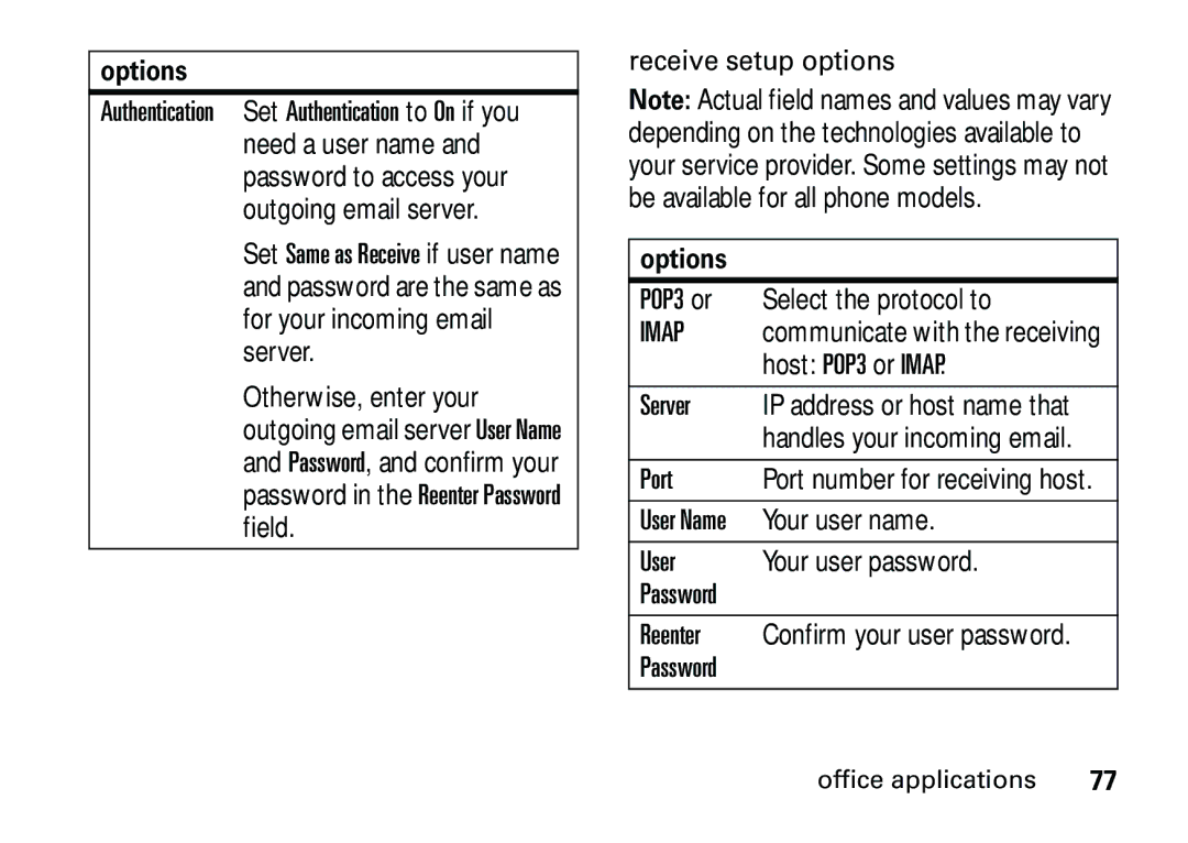 Motorola 6887460Z69 manual POP3 or, User, Password Reenter 