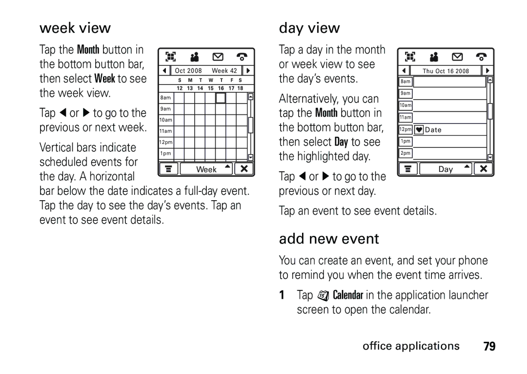 Motorola 6887460Z69 manual Week view, Day view, Add new event 