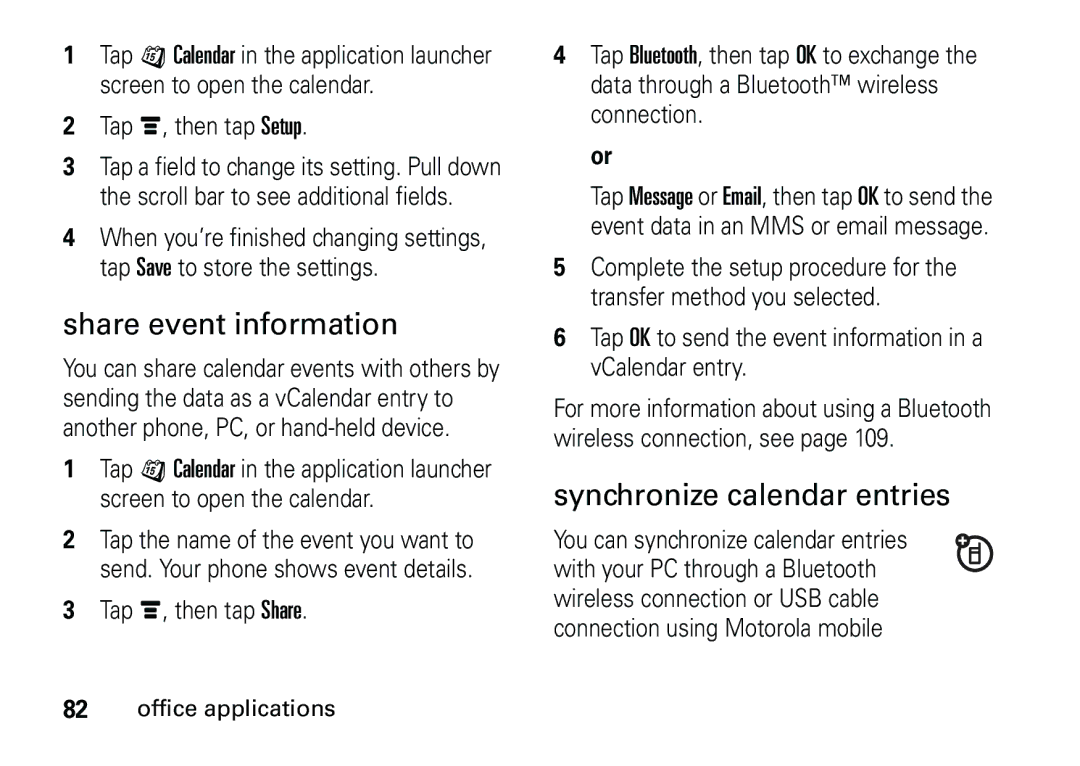 Motorola 6887460Z69 manual Share event information, Synchronize calendar entries 