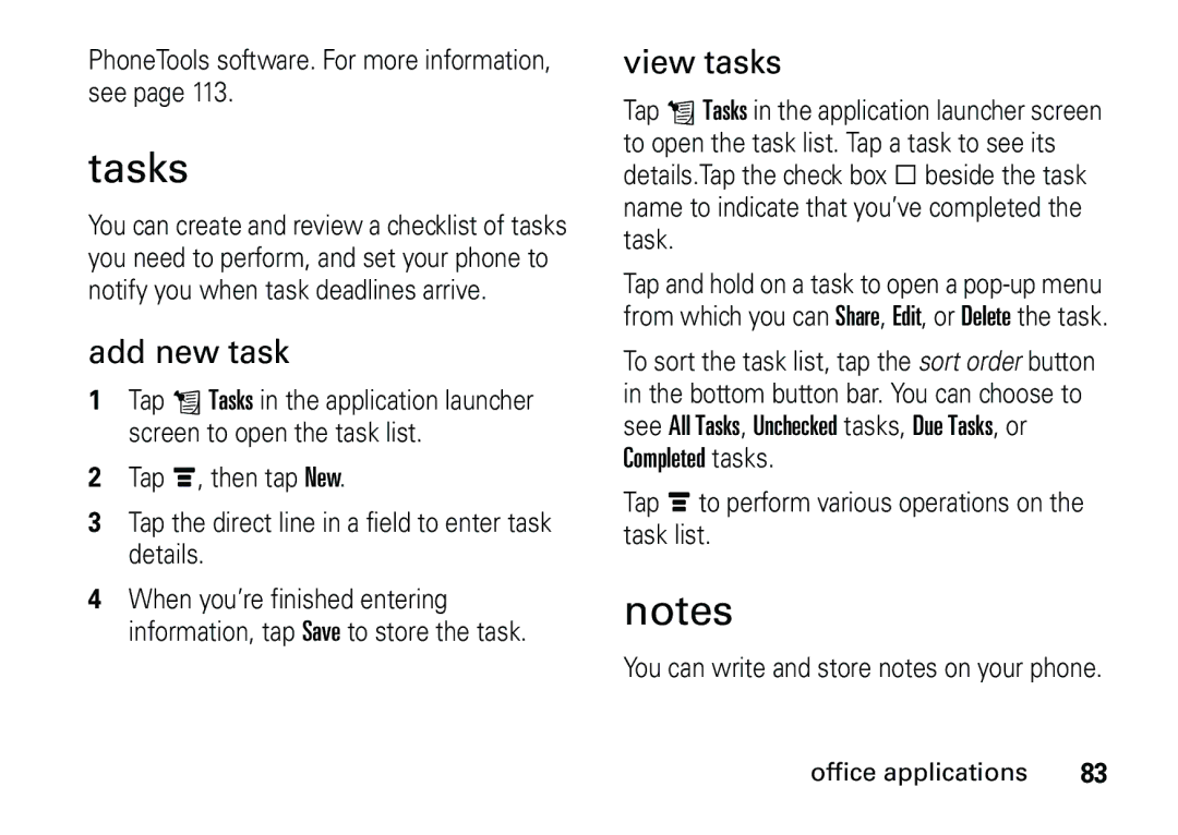 Motorola 6887460Z69 manual Tasks, Add new task, View tasks 