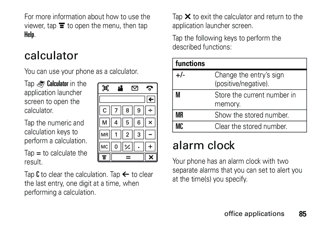 Motorola 6887460Z69 manual Calculator, Alarm clock, Help, Functions 