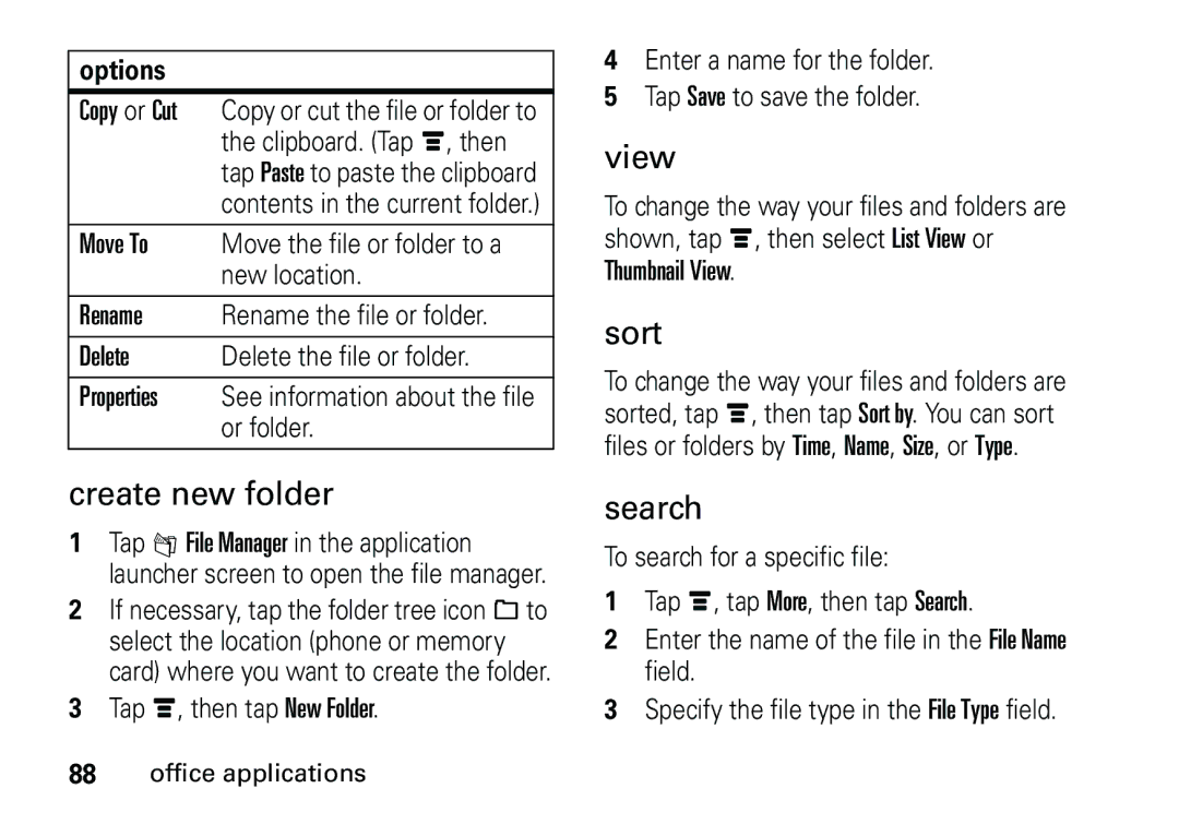 Motorola 6887460Z69 manual Create new folder, View, Sort, Search 