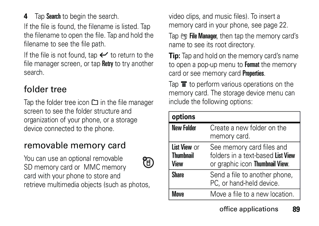 Motorola 6887460Z69 manual Folder tree, Removable memory card 