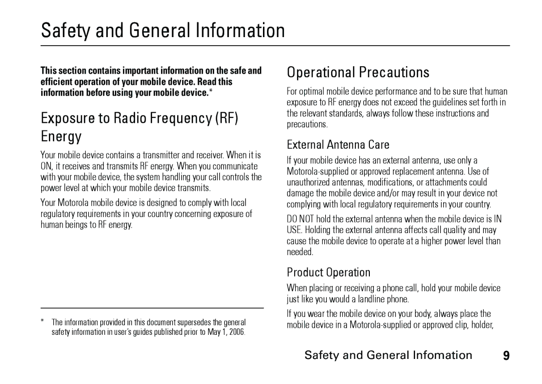 Motorola 6887460Z69 manual Safety and General Information, Exposure to Radio Frequency RF Energy, Operational Precautions 