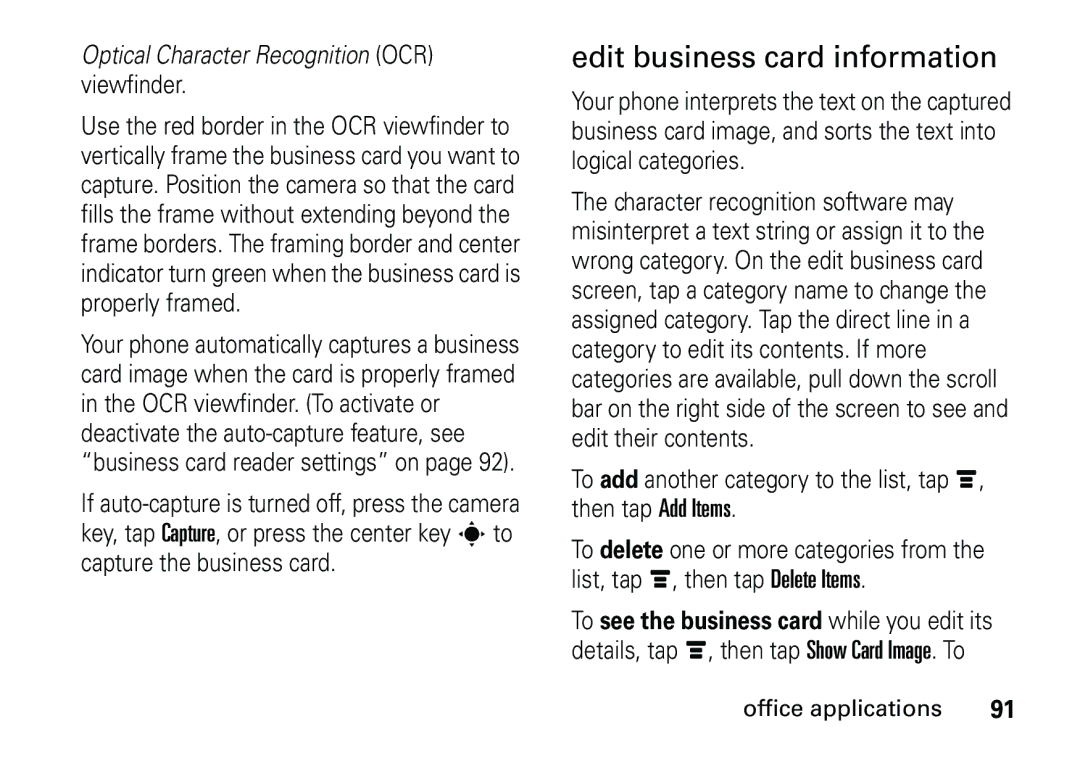 Motorola 6887460Z69 manual Edit business card information, Optical Character Recognition OCR viewfinder 
