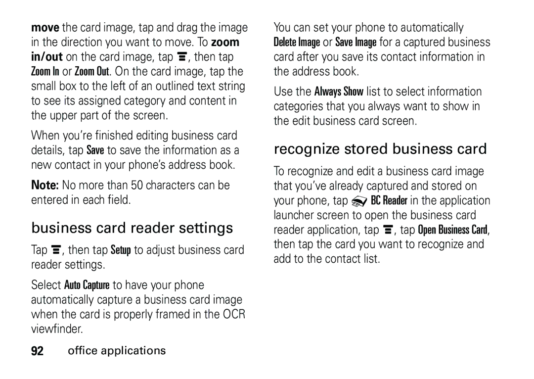 Motorola 6887460Z69 manual Business card reader settings, Recognize stored business card 