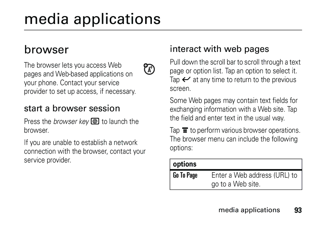 Motorola 6887460Z69 manual Media applications, Browser, Start a browser session, Interact with web pages 