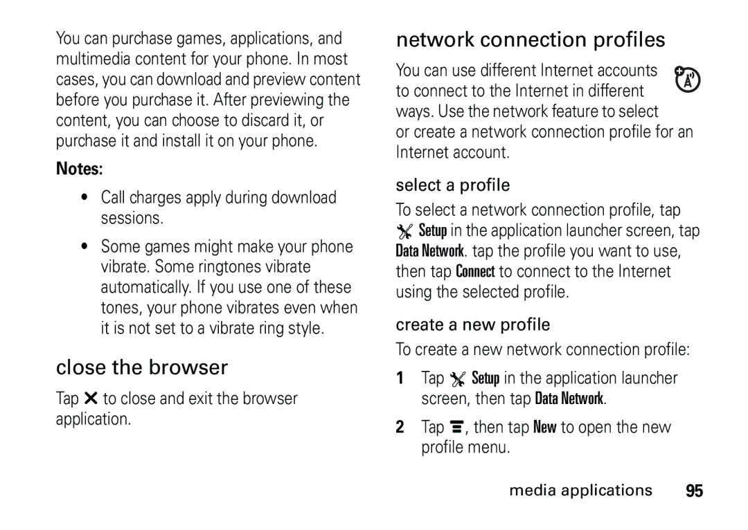 Motorola 6887460Z69 manual Close the browser, Network connection profiles, Select a profile, Create a new profile 