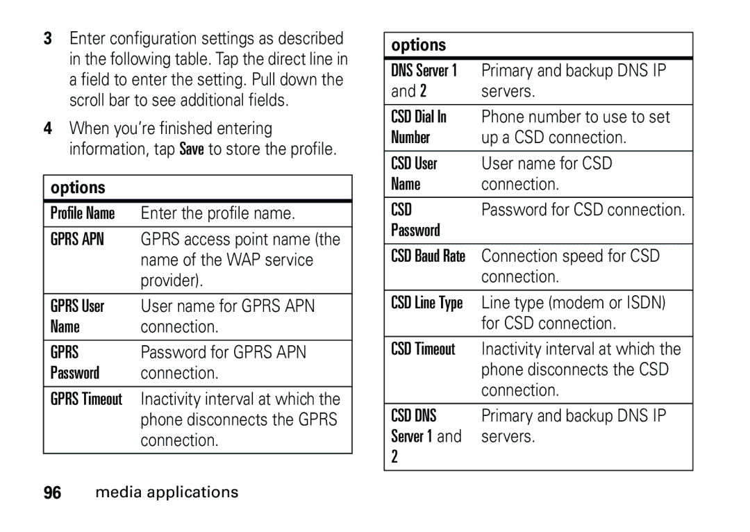 Motorola 6887460Z69 manual Name, CSD Dial, CSD User, Gprs User, Server 1 