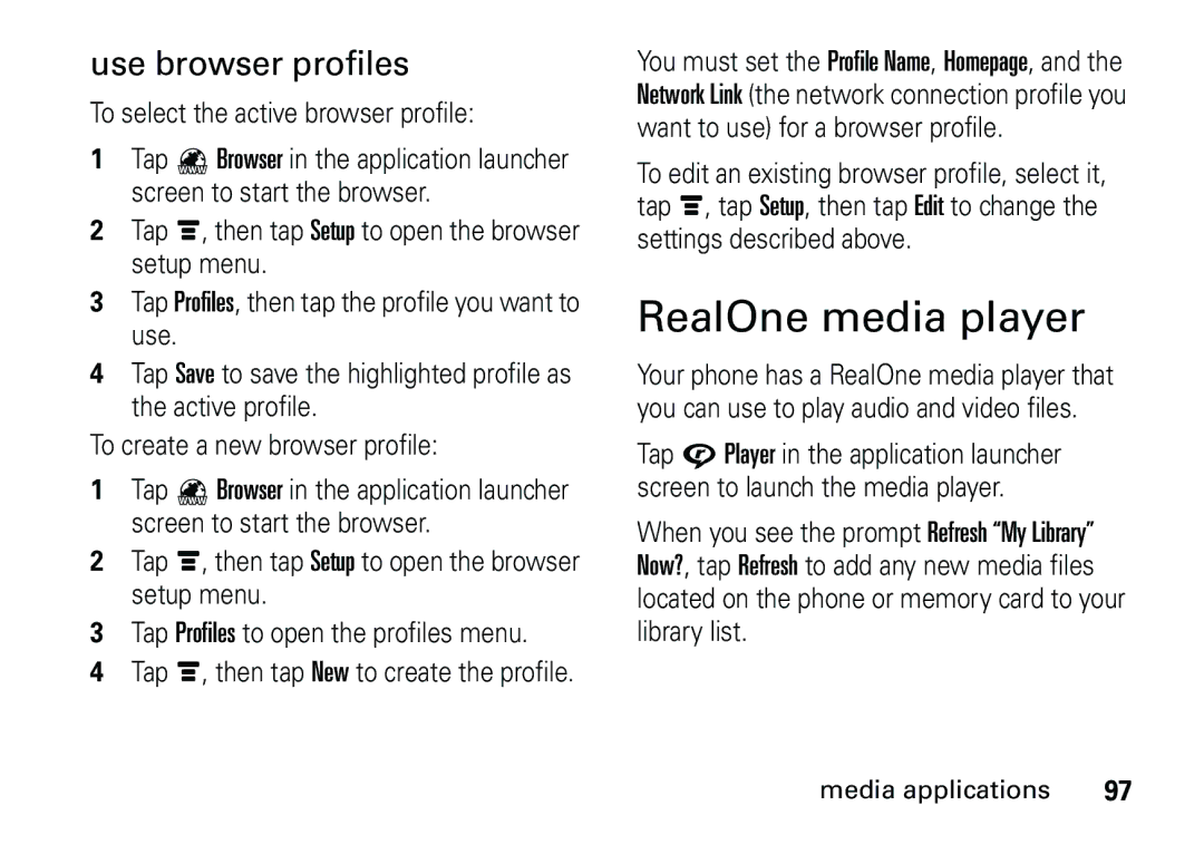 Motorola 6887460Z69 manual RealOne media player, Use browser profiles 