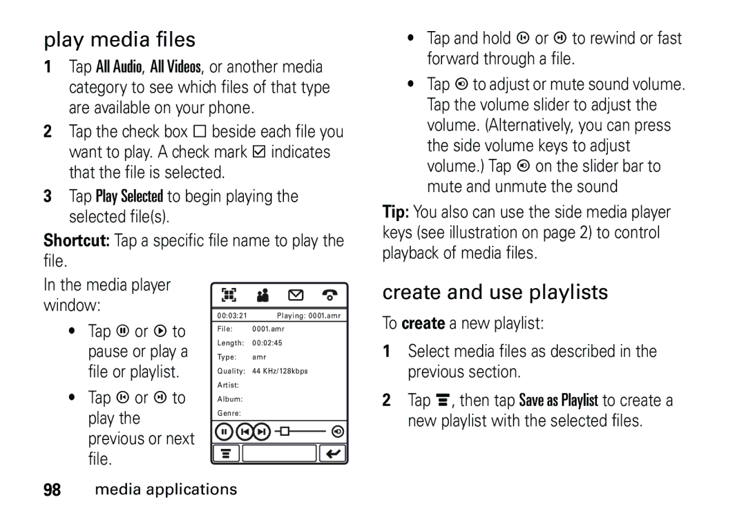 Motorola 6887460Z69 manual Play media files, Create and use playlists 