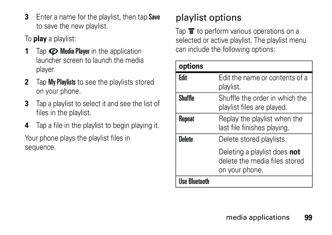 Motorola 6887460Z69 manual Playlist options, Edit, Shuffle, Repeat 