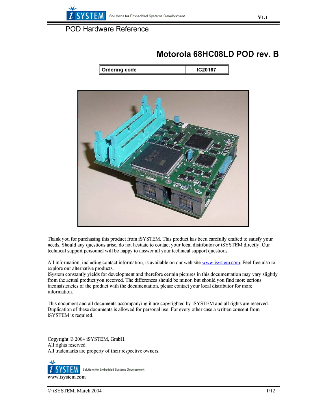 Motorola manual Motorola 68HC08LD POD rev. B, POD Hardware Reference 