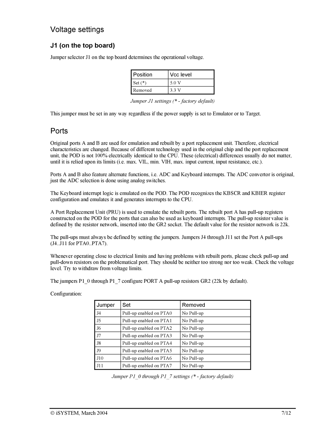 Motorola 68HC08LD manual Voltage settings, Ports, Position Vcc level, Jumper Set Removed 