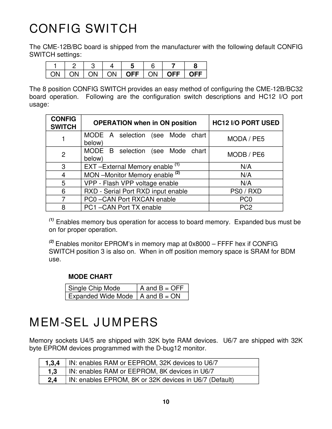 Motorola 68HC12B32, 68HC12BC32, CME-12B/BC manual Config Switch, MEM-SEL Jumpers 