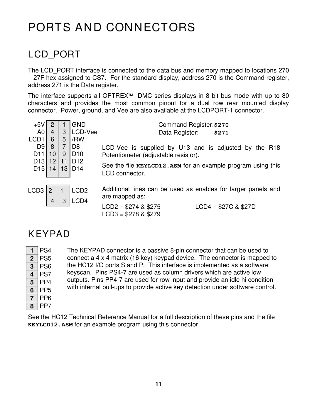 Motorola CME-12B/BC, 68HC12BC32, 68HC12B32 manual Ports and Connectors, Lcdport, Keypad, Gnd, LCD3 LCD2 LCD4 