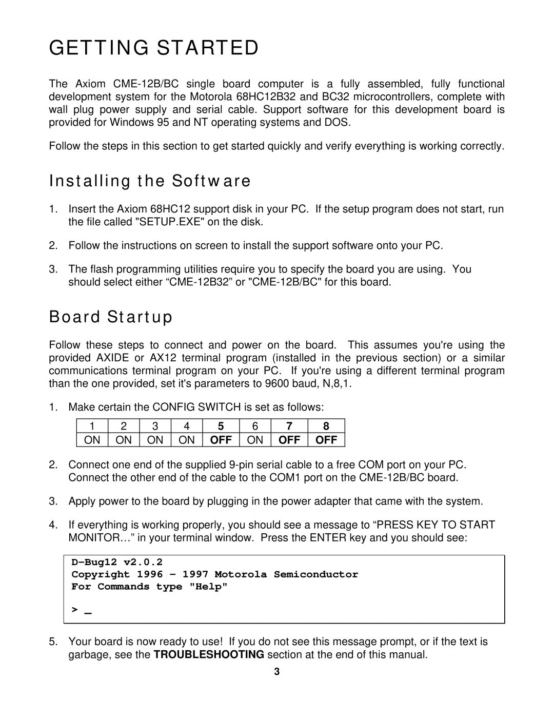 Motorola 68HC12BC32, 68HC12B32, CME-12B/BC manual Getting Started, Installing the Software, Board Startup 