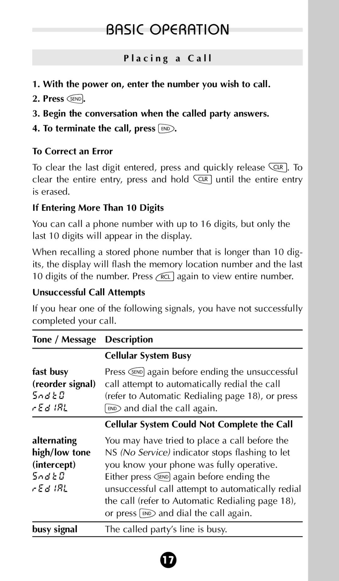 Motorola 68P09396A92-A owner manual If Entering More Than 10 Digits, Unsuccessful Call Attempts, « and dial the call again 