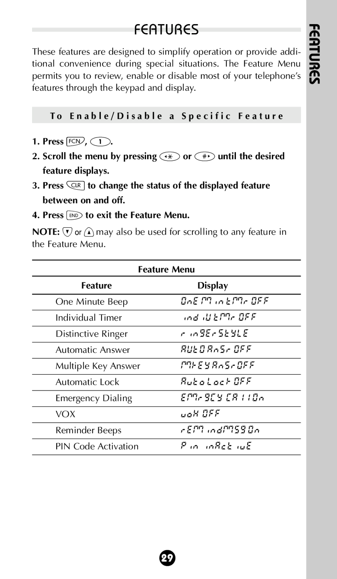 Motorola 68P09396A92-A owner manual Features, Multiple Key Answer, Automatic Lock AvToLocK OFF Emergency Dialing, VoX OFF 