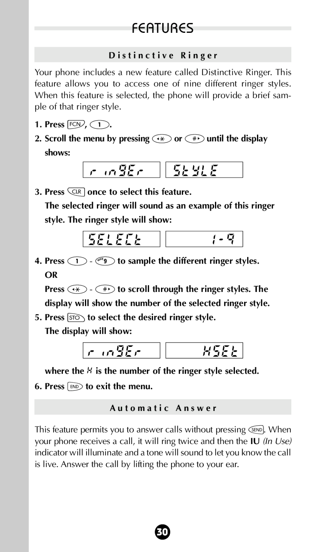 Motorola 68P09396A92-A owner manual S t i n c t i v e R i n g e r, Press Ú á to sample the different ringer styles 