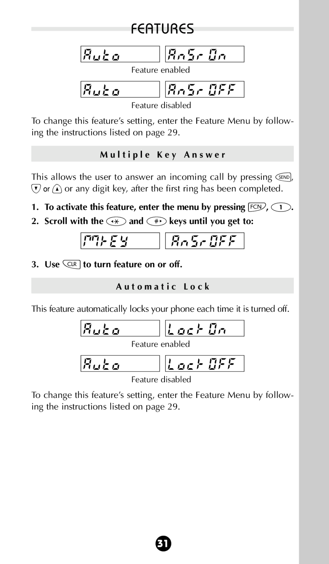 Motorola 68P09396A92-A owner manual L t i p l e K e y a n s w e r, Use ‚ to turn feature on or off T o m a t i c L o c k 