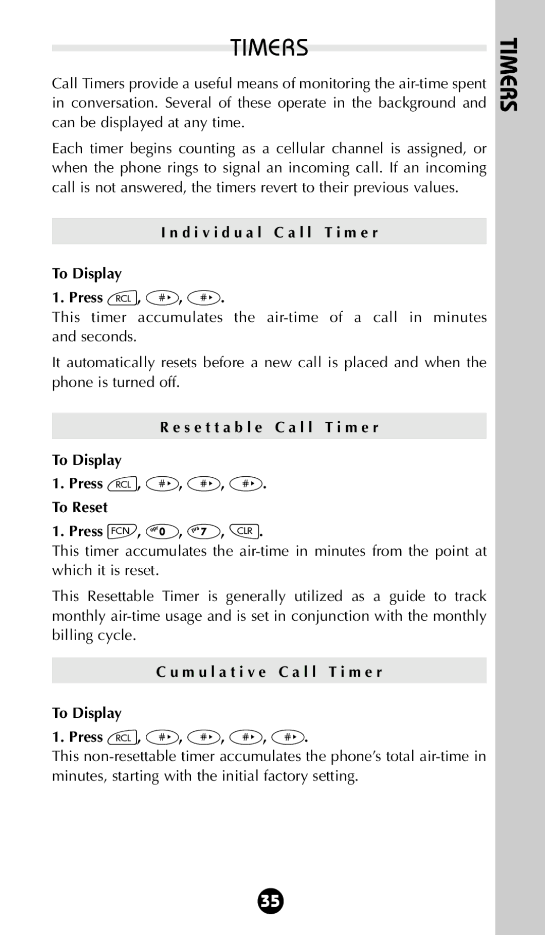 Motorola 68P09396A92-A owner manual Timers, D i v i d u a l C a l l T i m e r To Display Press ä, £, £ 