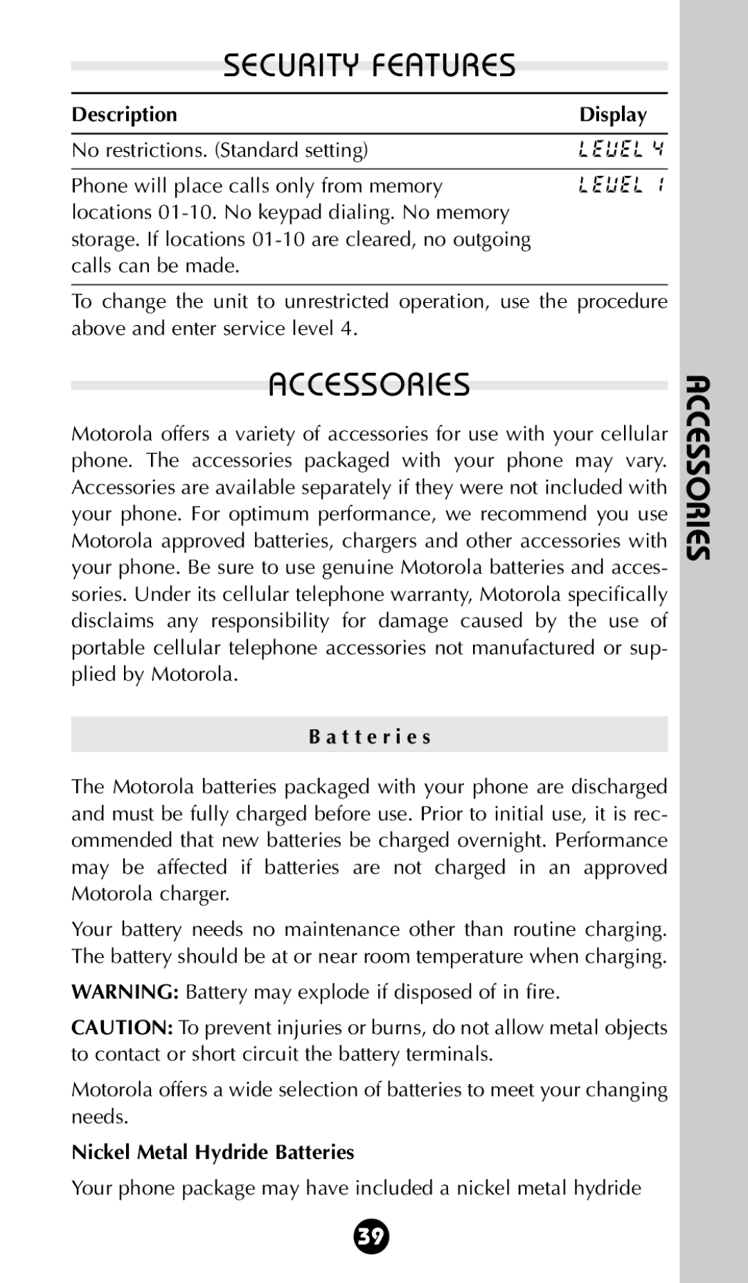 Motorola 68P09396A92-A owner manual Accessories, Description Display, T t e r i e s, Nickel Metal Hydride Batteries 