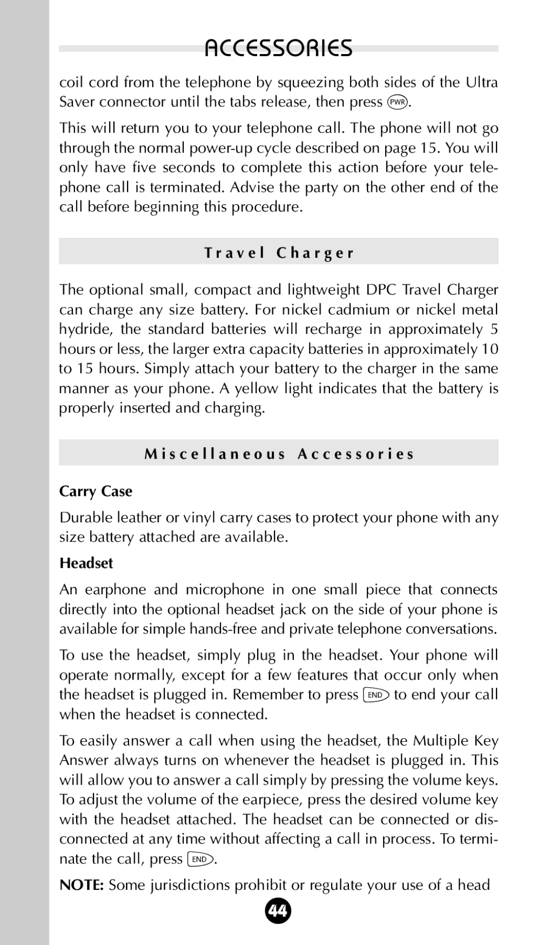 Motorola 68P09396A92-A owner manual A v e l C h a r g e r, S c e l l a n e o u s a c c e s s o r i e s Carry Case, Headset 