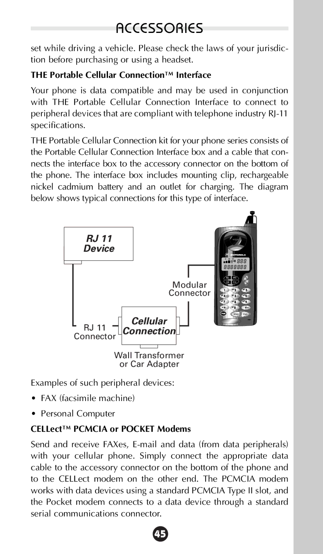 Motorola 68P09396A92-A owner manual Portable Cellular Connection Interface, CELLect Pcmcia or Pocket Modems 