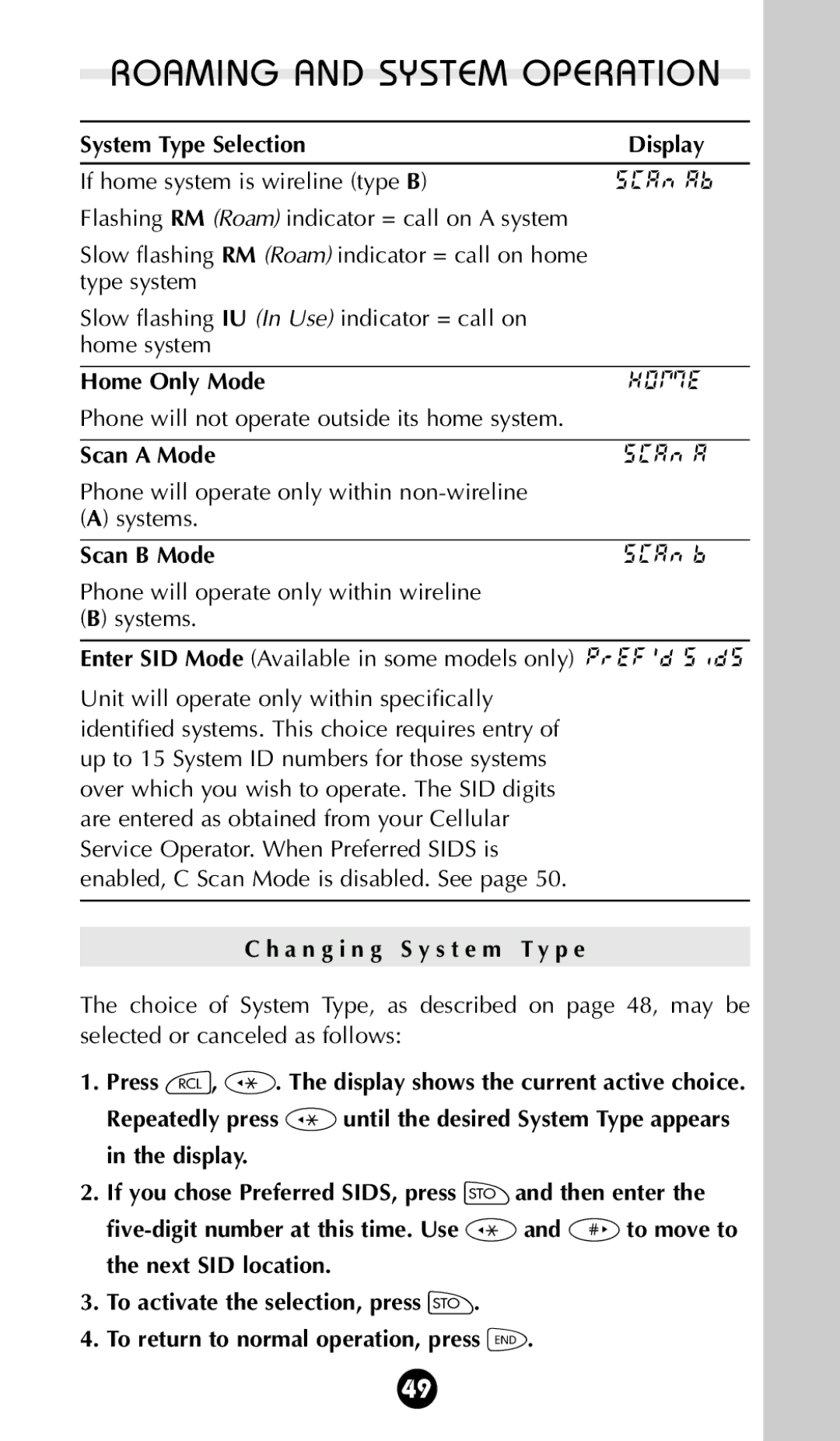 Motorola 68P09396A92-A owner manual Home Only Mode, Scan a Mode, Scan B Mode, A n g i n g S y s t e m T y p e 