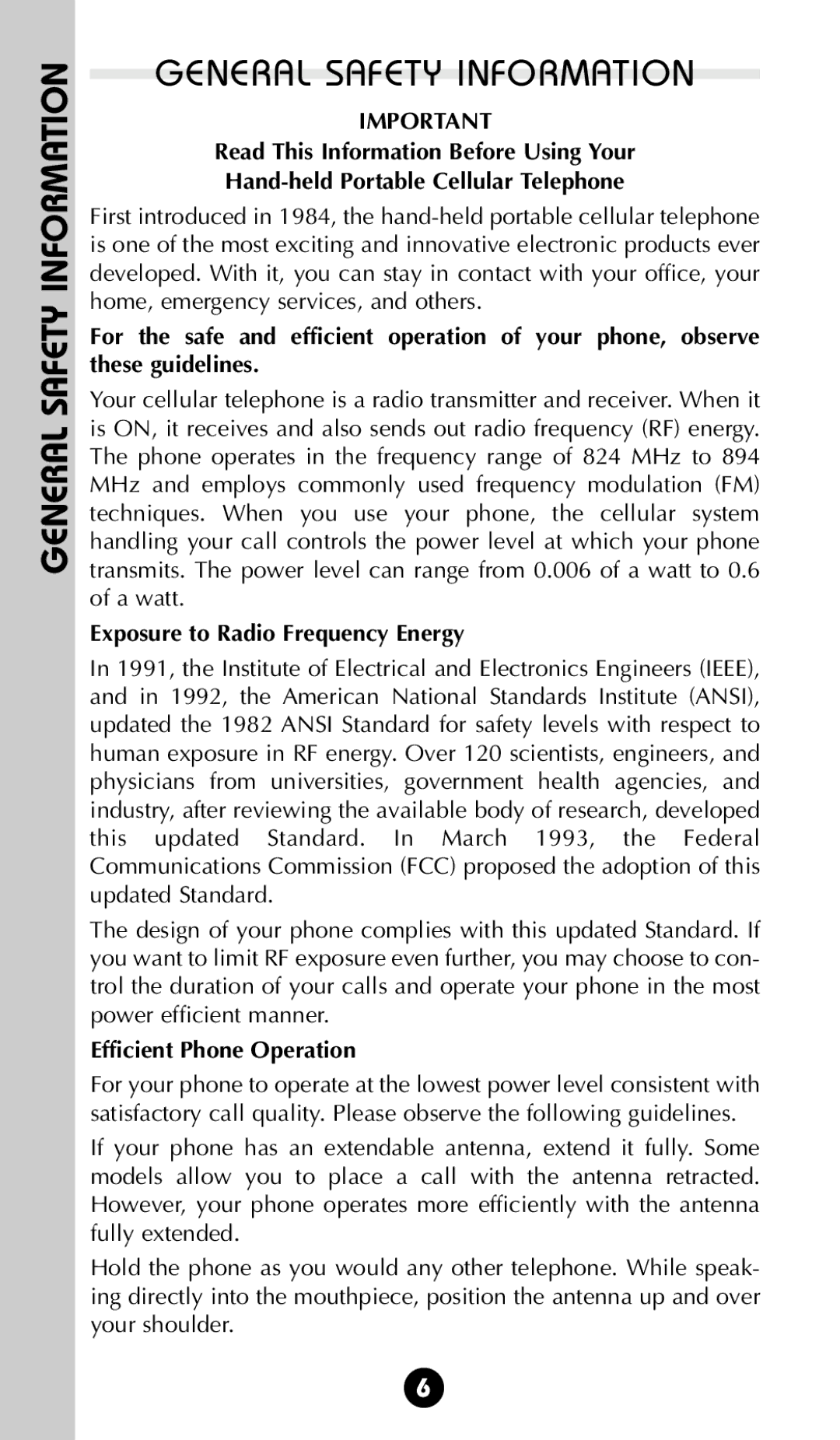 Motorola 68P09396A92-A General Safety Information, Exposure to Radio Frequency Energy, Efficient Phone Operation 