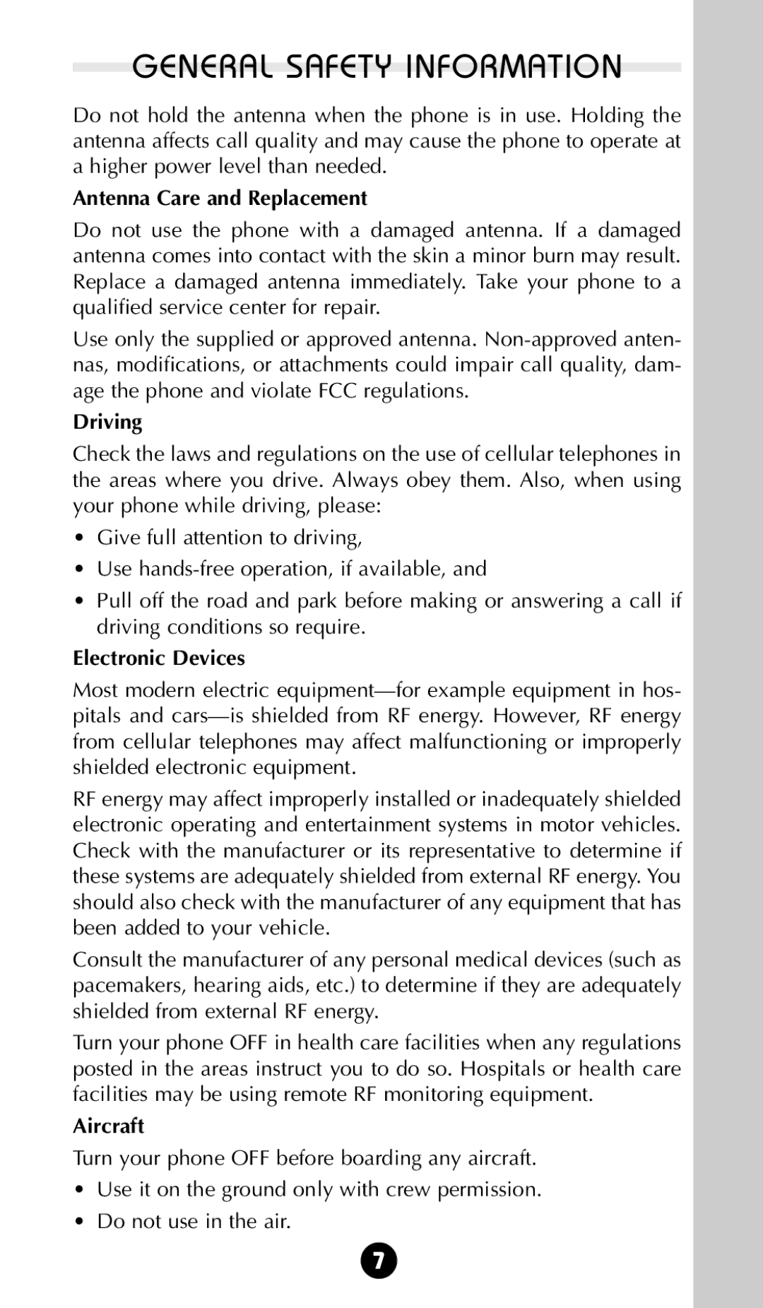 Motorola 68P09396A92-A owner manual Antenna Care and Replacement, Driving, Electronic Devices, Aircraft 