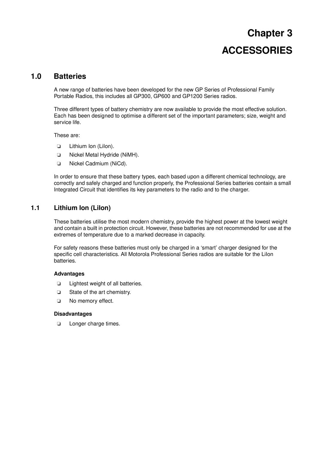 Motorola 68P64114B12B manual Batteries, Lithium Ion LiIon, Advantages, Disadvantages 