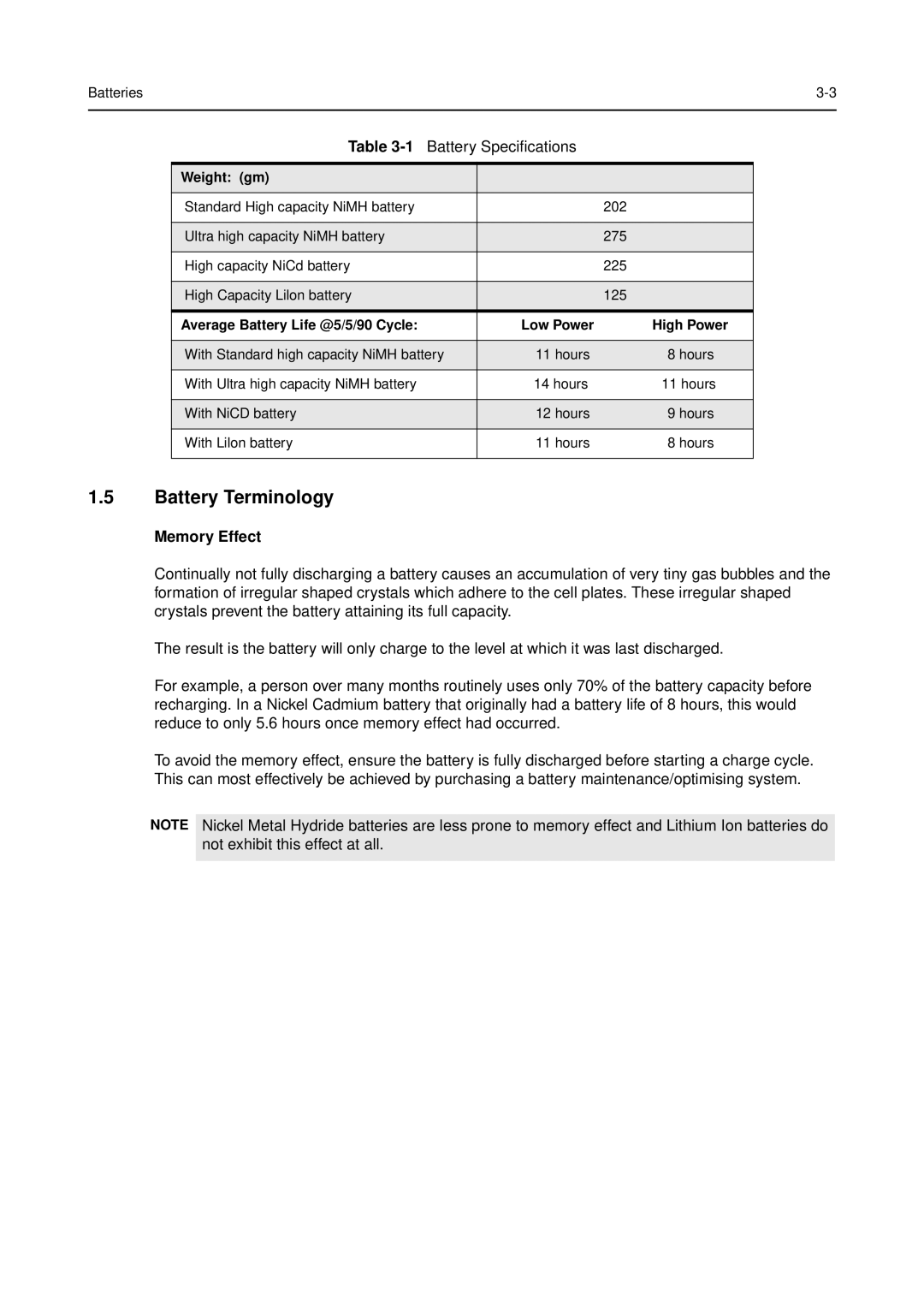 Motorola 68P64114B12B manual Battery Terminology, Memory Effect 