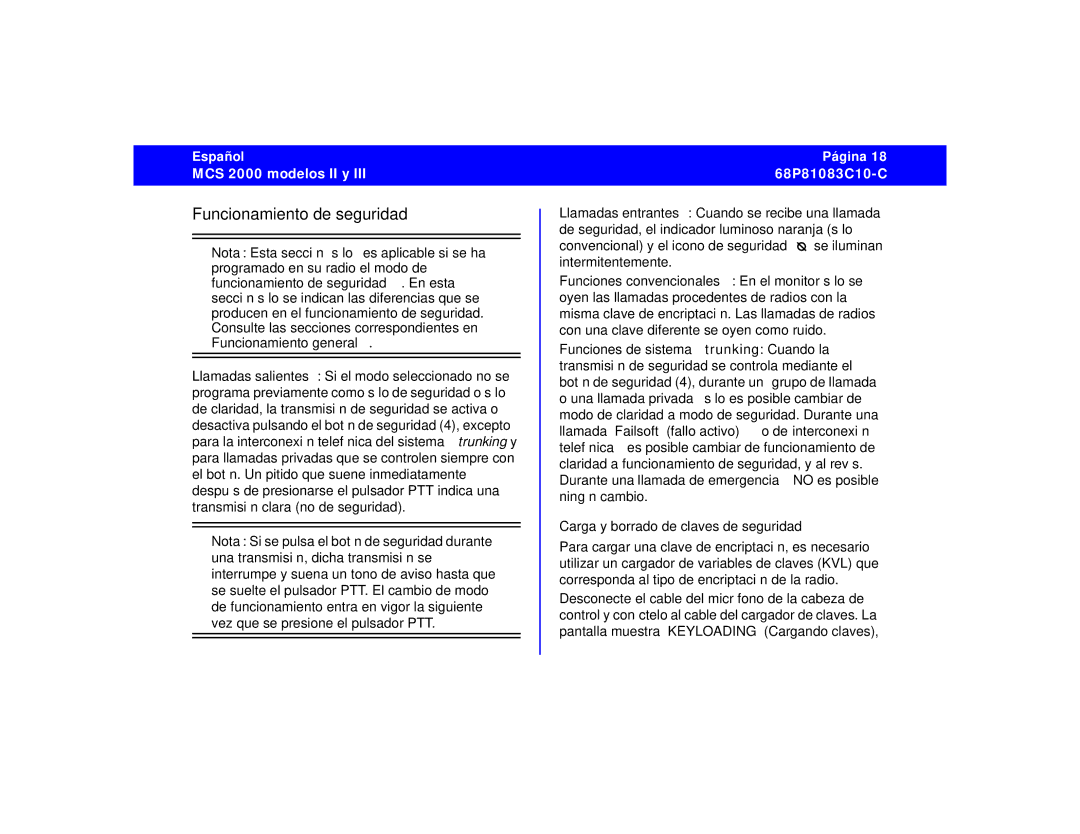 Motorola 68P81083C10-C manual Funcionamiento de seguridad 