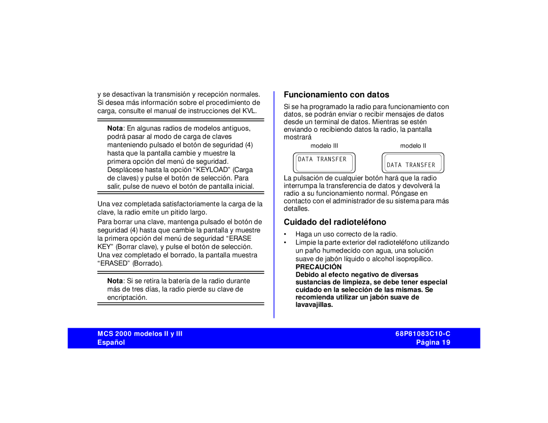 Motorola 68P81083C10-C manual Funcionamiento con datos, Cuidado del radioteléfono, Precaución 