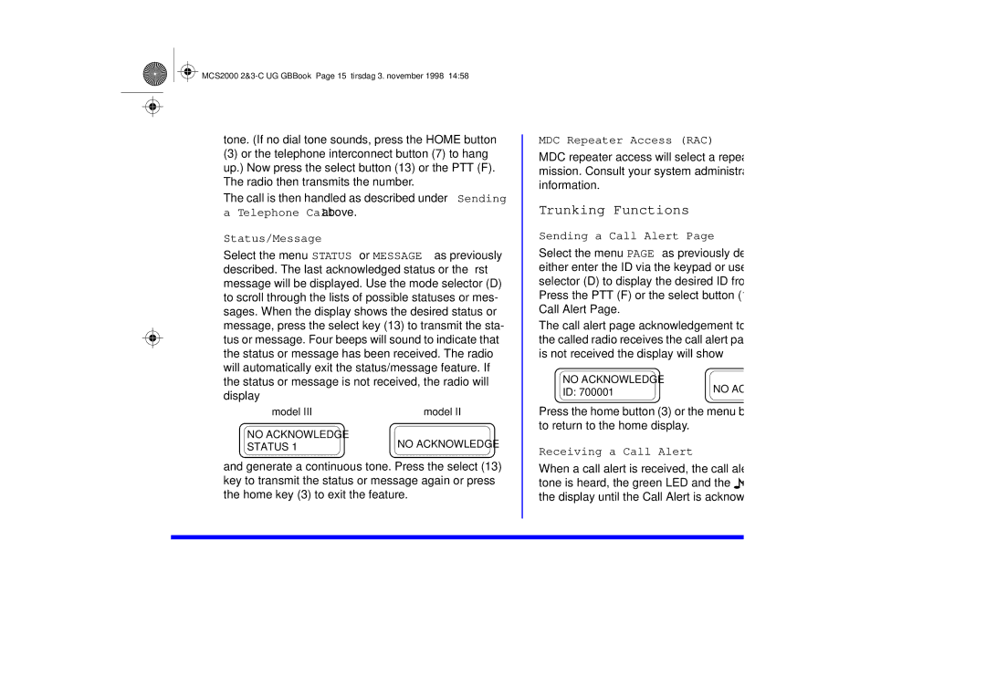 Motorola 68P81083C10-C manual Trunking Functions, Status/Message, MDC Repeater Access RAC, Sending a Call Alert 