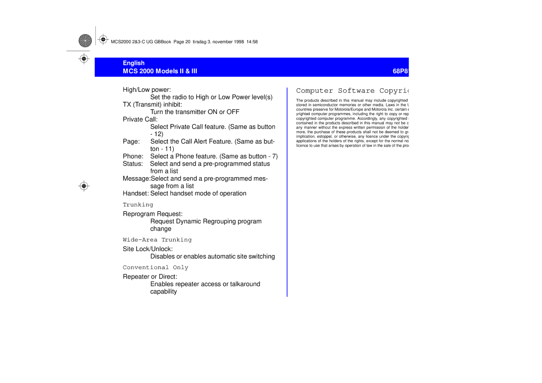 Motorola 68P81083C10-C manual Computer Software Copyrights, Wide-Area Trunking, Conventional Only 