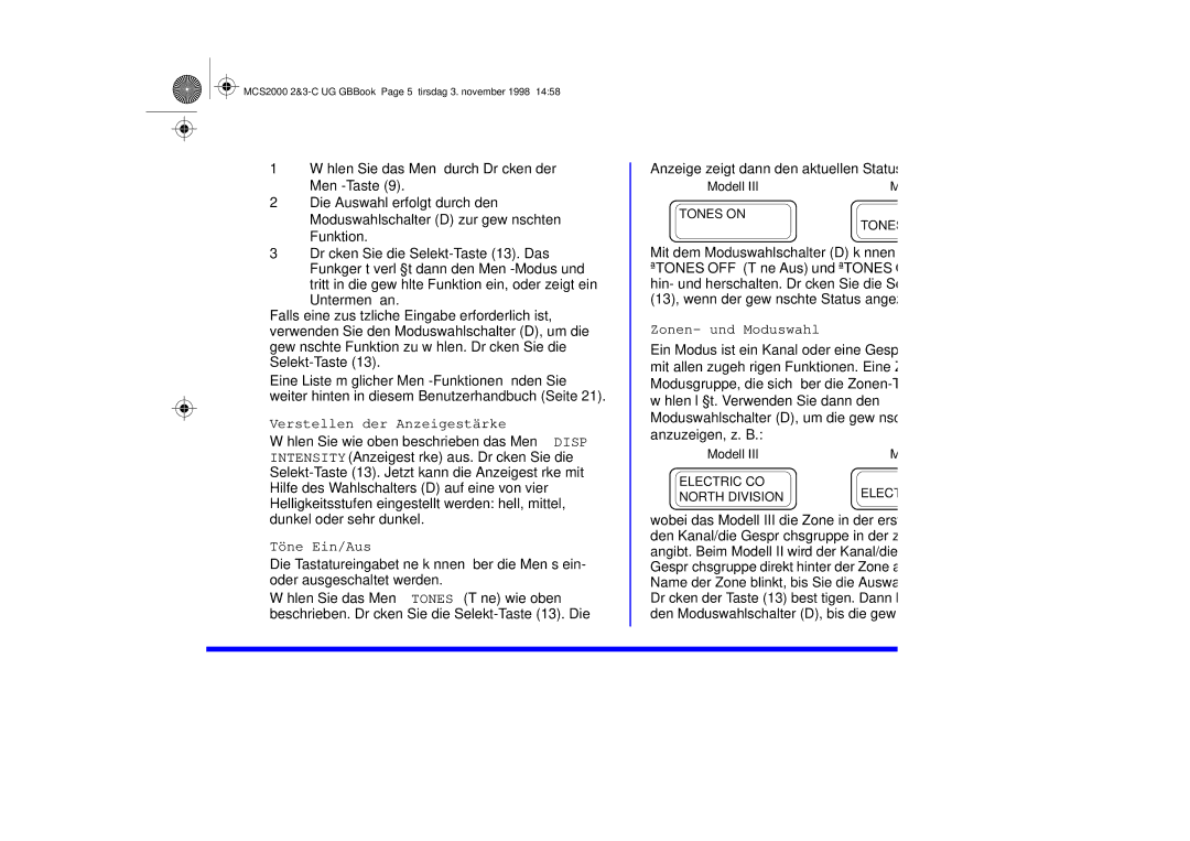 Motorola 68P81083C10-C manual Verstellen der Anzeigestärke, Töne Ein/Aus, Zonen- und Moduswahl, Modell 