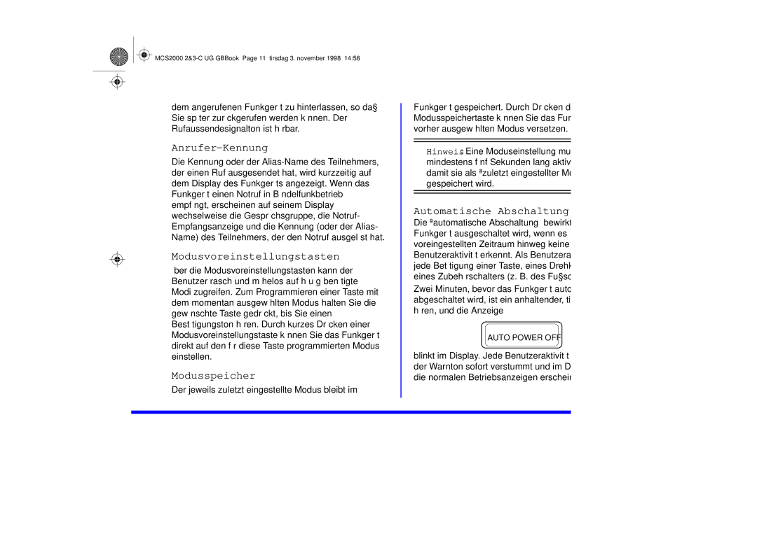 Motorola 68P81083C10-C manual Anrufer-Kennung, Modusvoreinstellungstasten, Modusspeicher, Automatische Abschaltung 