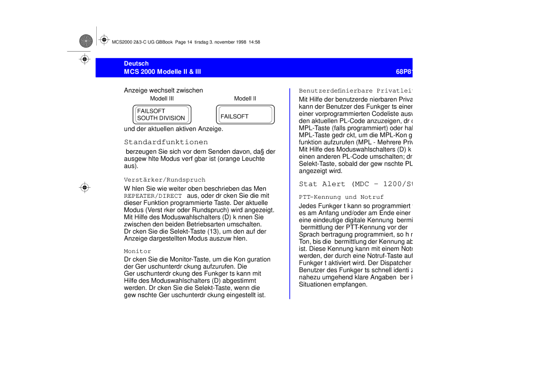 Motorola 68P81083C10-C manual Standardfunktionen, Stat Alert MDC 1200/Star Signalgabe, Verstärker/Rundspruch 