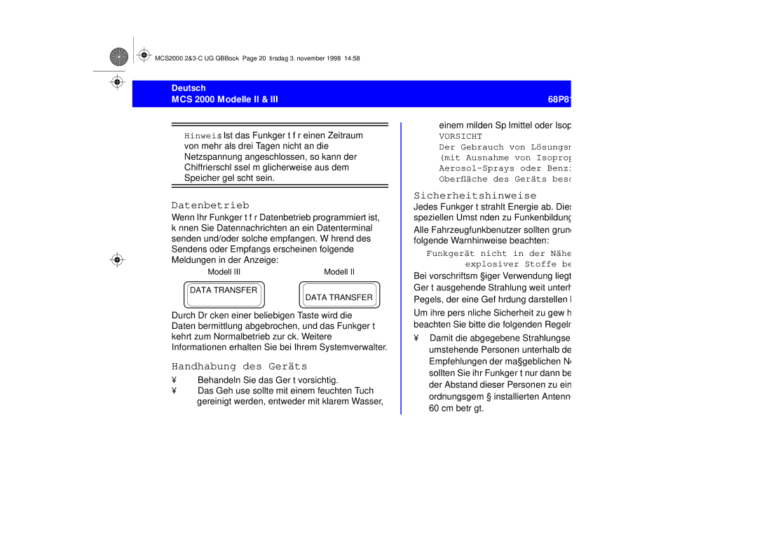 Motorola 68P81083C10-C manual Datenbetrieb, Handhabung des Geräts, Sicherheitshinweise, Vorsicht 