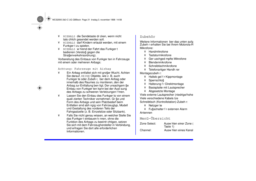 Motorola 68P81083C10-C manual Zubehör, Menü-Übersicht, Achtung Fahrzeuge mit Airbag 