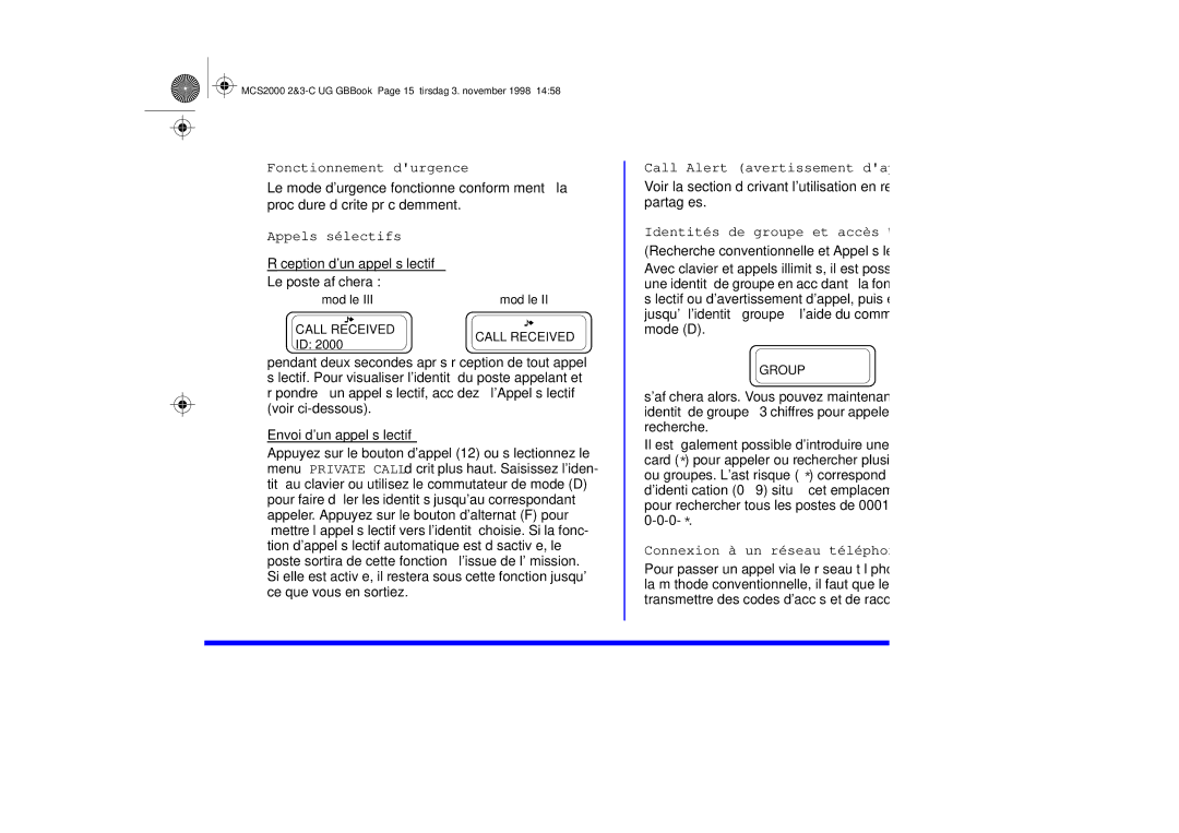 Motorola 68P81083C10-C manual Fonctionnement durgence, Appels sélectifs, Call Alert avertissement dappel 